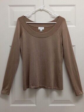 Ann Taylor LOFT Silk Blend Sweater Tan Medium Scoop Neck Classic Neutral Office